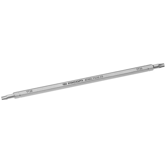 Facom ATMZ.TX20-25 double-ended Torx screwdriver bit, silver, photography, side angle.