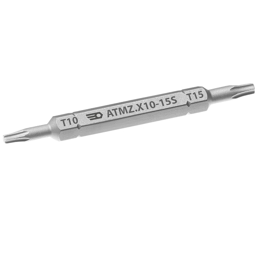 Facom ATMZ.X10-15S double-ended Torx screwdriver bit, T10 and T15, silver finish, product photography, angled view.