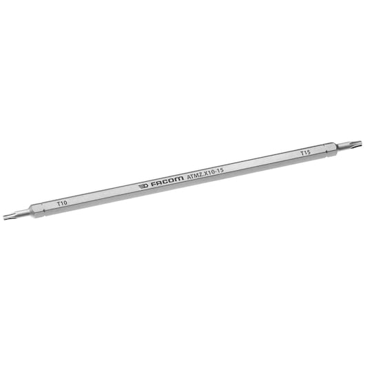 Facom ATMZ.X10-15 double-ended Torx screwdriver bit, silver, T10 and T15 tips, side angle on white background.