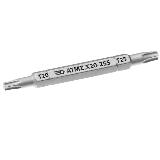 Facom ATMZ.X20-25S silver double-ended Torx screwdriver bit T20/T25, side angle, white background.
