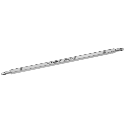 Facom ATMZ.X20-25 double-ended Torx screwdriver bit, silver, T20 and T25 tips, side angle, photography
