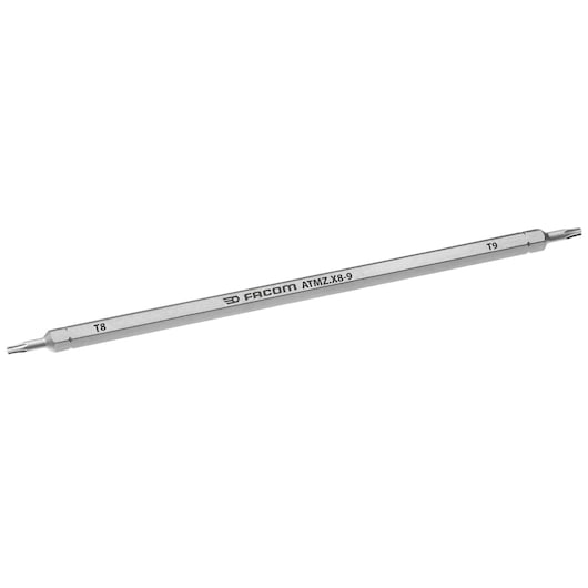 Facom ATMZ.X8-9 double-ended Torx screwdriver, silver, T8 and T9 tips, side angle photo.