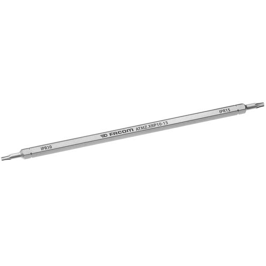 Photo of Facom ATMZ.XRP10-15 double-ended precision screwdriver bit, silver finish, labeled IPR10 and IPR15, on white background.