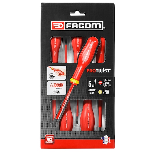 Facom ATP_J5TVEPB insulated screwdriver set, 5 pieces, red handles, showcased in front packaging, front angle.