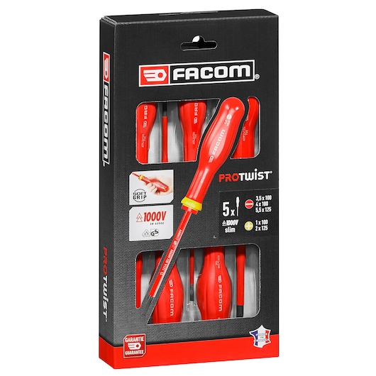 Facom ATP_J5TVEPB screwdriver set packaging, black box with red handles, front angle, PROTWIST 1000V slim.