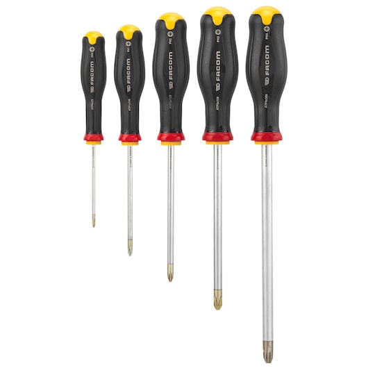 Photo of Facom ATP_J5 set of five Phillips screwdrivers, black handles with yellow and red accents, front view.