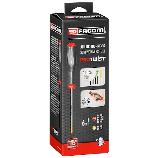 Photo of Facom ATP_J6PB screwdriver set box, black and red, showing 6 screwdrivers, PROTWIST branding, angled view.