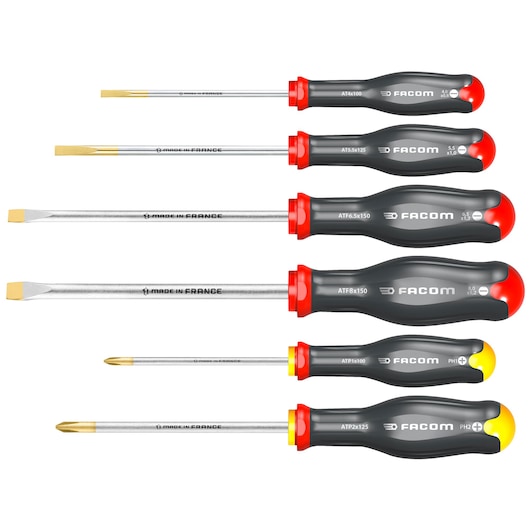 Facom ATP_J6 screwdriver set, six pieces, black handles with red and yellow ends, photography, top view.