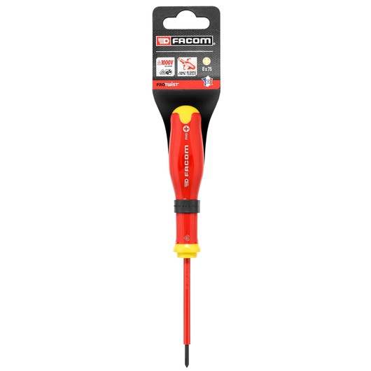 Facom PROT_SD_PH_0X75_1000V insulated Phillips screwdriver, red and yellow, front view, photography