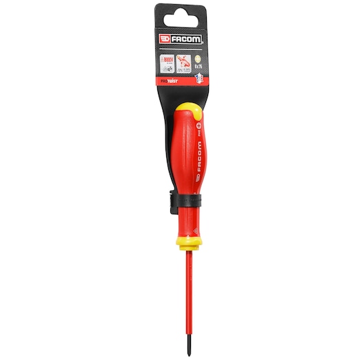 Facom insulated Phillips screwdriver PROT_SD_PH_0X75_1000V with red and yellow handle, front view on white background.
