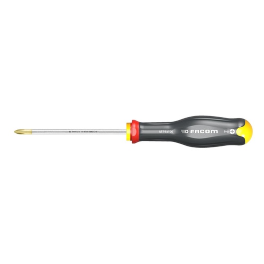Photo of Facom Phillips screwdriver ATP0X75 with black and yellow ergonomic handle, side view on white background.