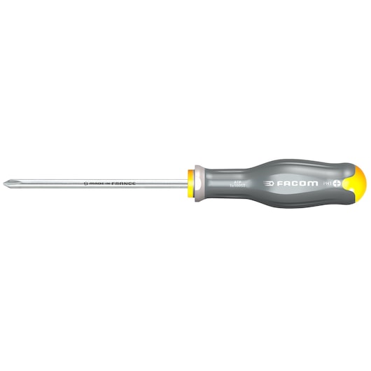 Facom ATP1X100ST gray and yellow Phillips screwdriver, side view, with ergonomic handle.