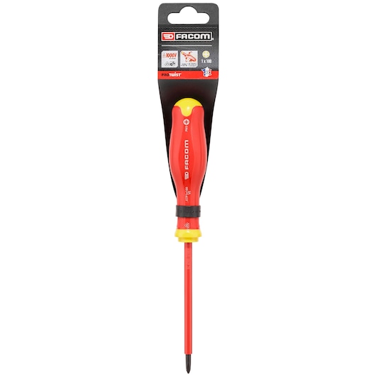 Photo of Facom ATP1X100VEPB insulated Phillips screwdriver with red and yellow handle, front angle on white background.
