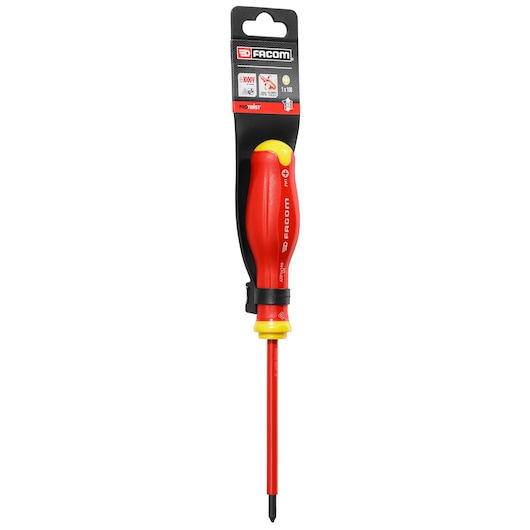 Facom PROT_SD_PH_1X100_1000V insulated Phillips screwdriver with red and yellow handle, front angle, white background.