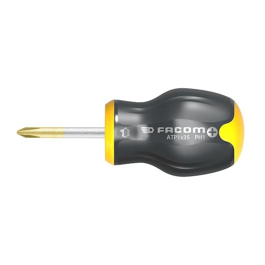 Photo of Facom ATP1X35 stubby Phillips screwdriver with black and yellow ergonomic handle, side angle, white background.
