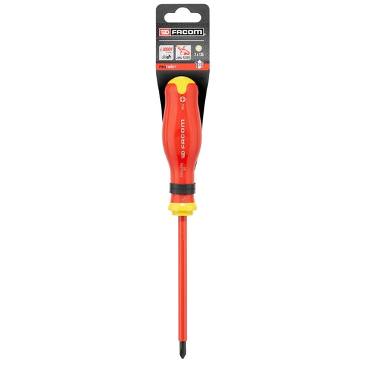 Facom ATP2X125VEPB insulated Phillips screwdriver with red and yellow handle, front view on white background.