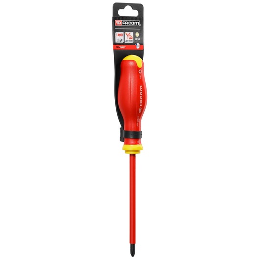 Photo of Facom insulated Phillips screwdriver ATP2X125VEPB with red and yellow handle, front view on white background.