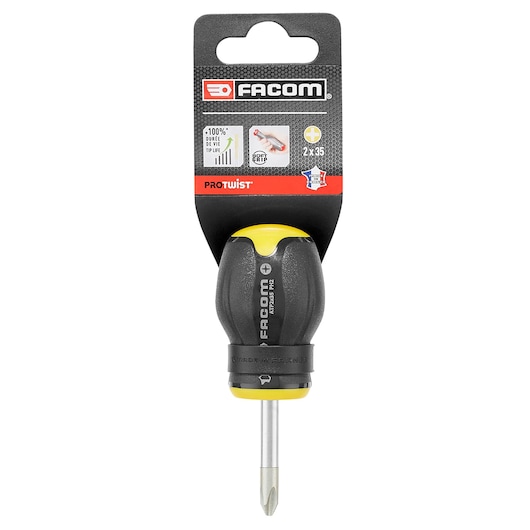 Photo of Facom PROT_SD_FLARED_4X100_SHOCK Phillips stubby screwdriver with black and yellow handle, front angle.