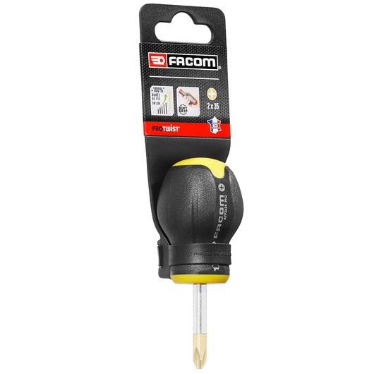 Facom screwdriver PROT_SD_FLARED_4X100_SHOCK with black and yellow handle and Phillips tip, front view on white background.
