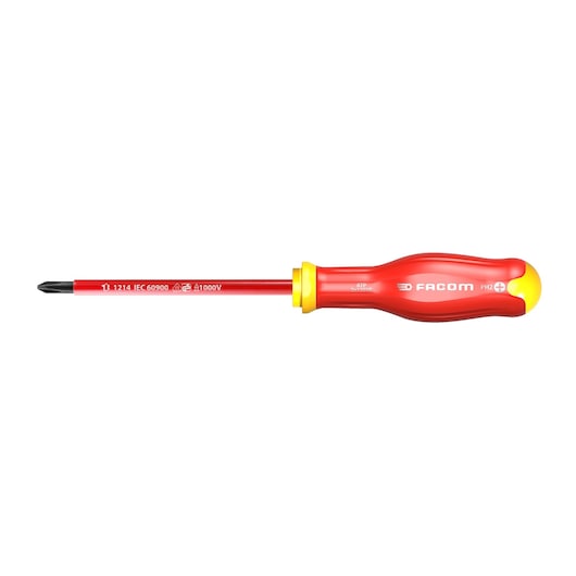 Facom ATP3X150VE insulated Phillips screwdriver, red and yellow handle, side angle, white background.