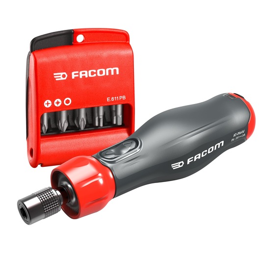 Facom ATPA4V.J12APB ratcheting screwdriver with black and red handle, and red bit set, front angle on white background.