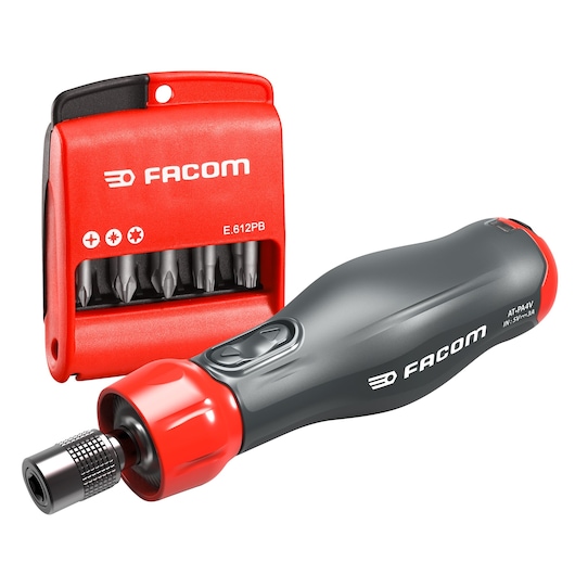 Facom ATPA4V.J12IPB cordless screwdriver set with black and red handle, bit holder, and accessory box, front angle.