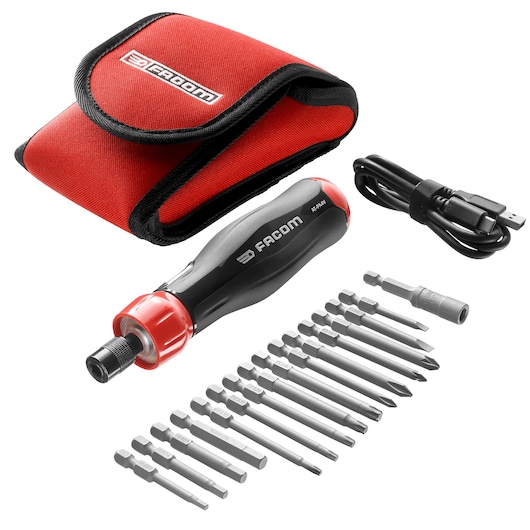 Facom ATPA4V.J16PB electric screwdriver set with USB cable, 16 bits, and red carrying case, front view on white.