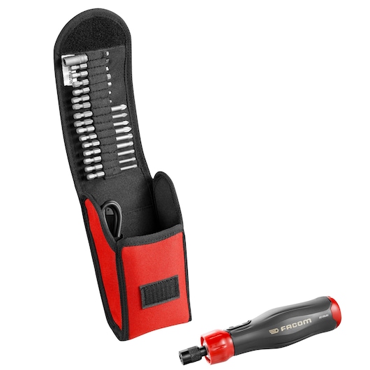 Photo of Facom ATPA4V.J16PB precision screwdriver set with black and red pouch, multiple bits, and ergonomic handle, front angle.