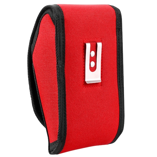 Facom red fabric tool pouch ATPA4V.J16PB with black trim and metal belt clip, angled view on white background.