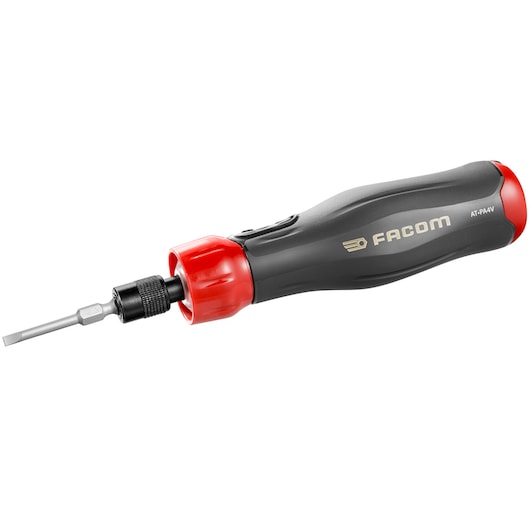 Photo of Facom ATPA4V.J16PB ratcheting screwdriver with black and red handle, side angle, on white background.