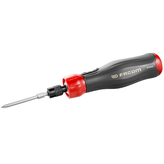 Photo of Facom ATPA4V.J16PB screwdriver with black and red ergonomic handle, side angle on white background.