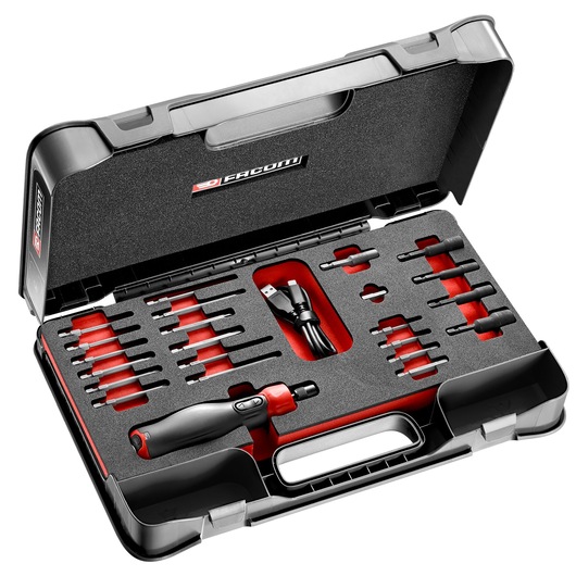 Facom ATPA4V_J23PB cordless electric screwdriver set with multiple bits and USB cable in black carrying case, top view.
