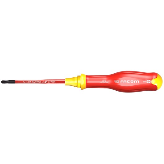 Facom insulated Phillips screwdriver, red and yellow handle, ATPB1x100TVE, photographed on white background.