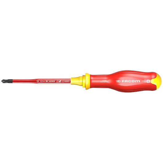 Facom ATPB2X125TVE insulated Phillips screwdriver with red and yellow handle, product side view, white background.