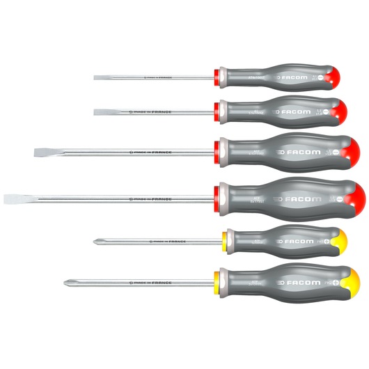 Facom ATPSTJ6 photography of six gray screwdrivers with colored tips, flat and Phillips, white background, side angle.