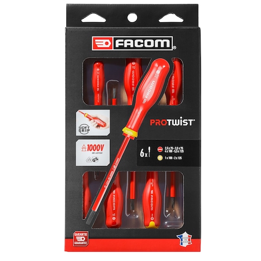 Facom ATPVE_J6PB insulated screwdriver set, 6 pieces, red handles with yellow accents, front packaging view.