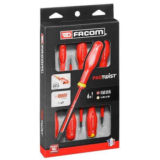 Facom ATPVE_J6PB insulated screwdriver set, 6 pieces, red handles, in retail packaging, front angle.