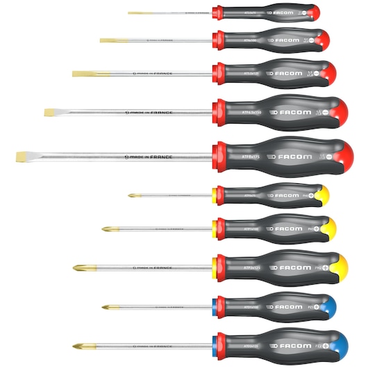 Facom ATW.J10PB screwdriver set, ten screwdrivers with black ergonomic handles, visible color-coded ends, side angle.