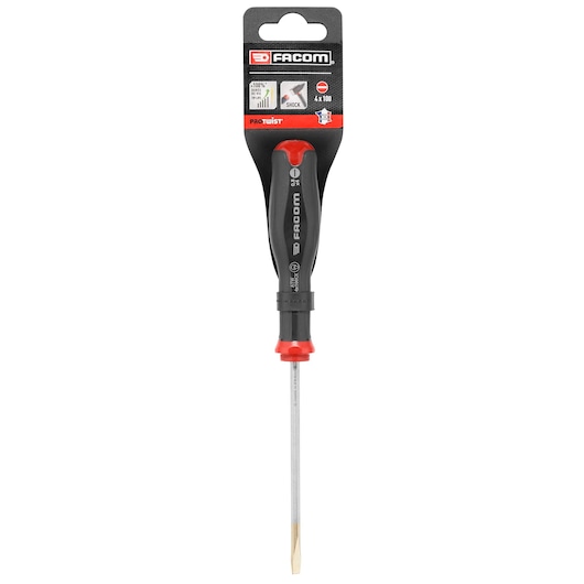 Facom PROT_SD_FLARED_6.5X150_SHOCK flared slotted screwdriver with black and red handle, front view on white background.