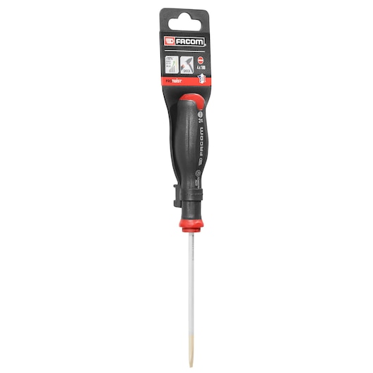 Photo of Facom slotted shock-resistant screwdriver, black and red handle, SKU PROT_SD_FLARED_6.5X150_SHOCK, front view.