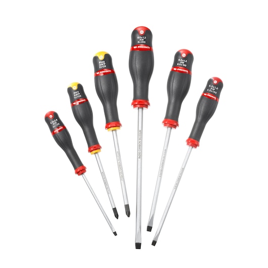 Facom ATWCK_J5PB screwdriver set with six screwdrivers, black handles, red and yellow accents, front view.