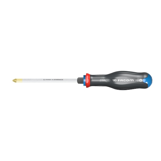 Facom ATWDH2X125CK black and blue Phillips screwdriver with yellow tip, product side view, photography.