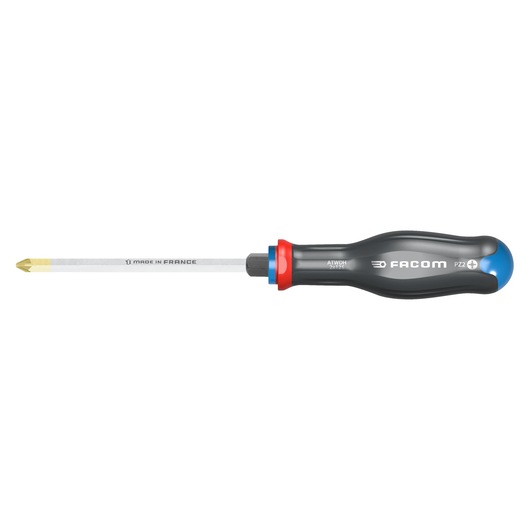 Facom ATWDH2X125 Pozidriv screwdriver with black handle and gold tip, side view, white background.