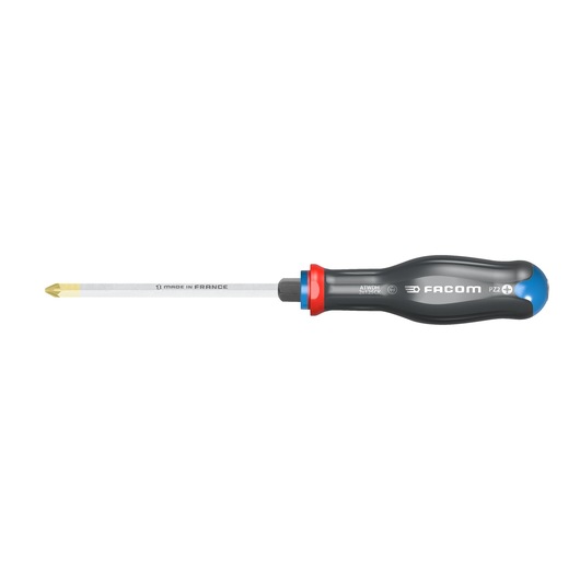 Photo of Facom ATWDH3X150CK Phillips screwdriver, black handle with red and blue accents, side view.