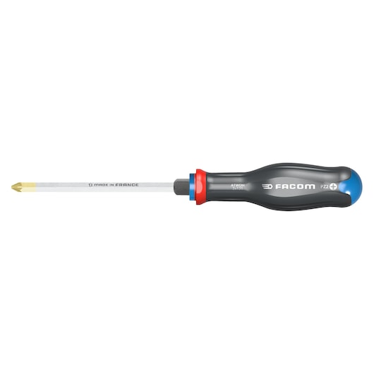 Facom ATWDH4X200 Pozidriv screwdriver with black handle and gold tip, side view, white background