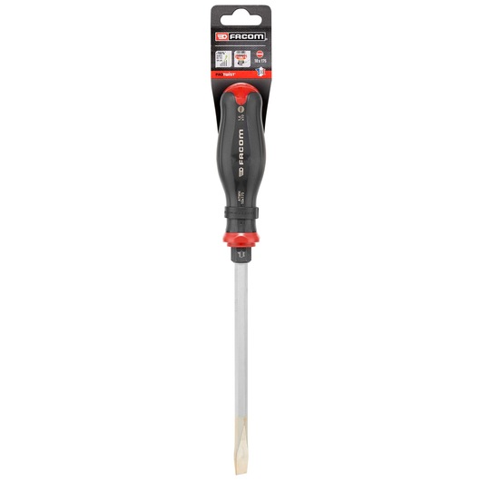 Photo of Facom ATWH10X175PB slotted screwdriver with black and red handle, front angle, on white background.