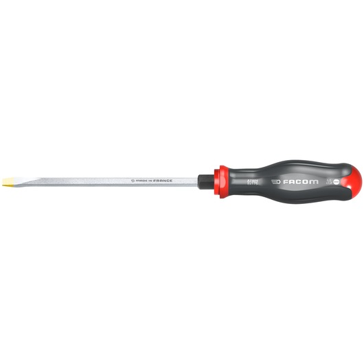 Facom ATWH12X200 flathead screwdriver, black and red handle, side view, white background.