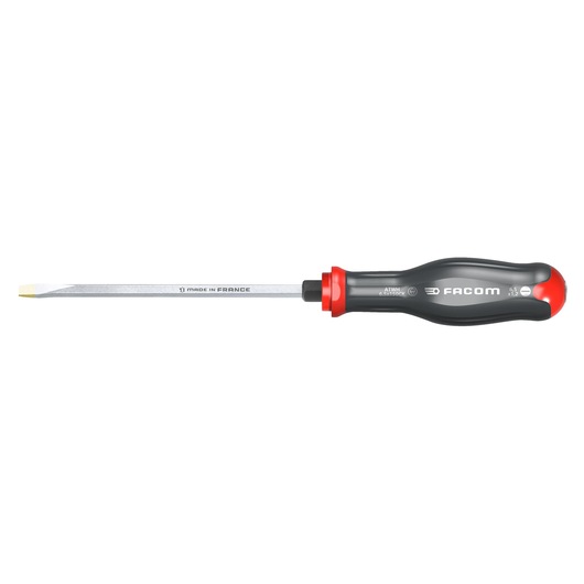 Photo of Facom ATWH14X250CK flathead screwdriver with black and red ergonomic handle, side view on white background.