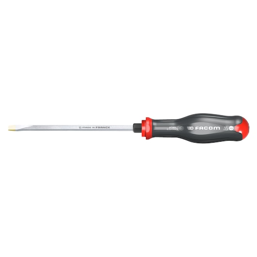 Facom flat tip screwdriver ATWH5_5X125CK, black and red handle, side view on white background.