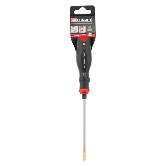 Facom flathead screwdriver PROT_SD_FLARED_5.5X125_POW with black and red ergonomic handle, front view on white background.
